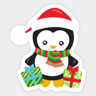 Christmas Penguin, Penguin With Santa Hat, Gifts Sticker